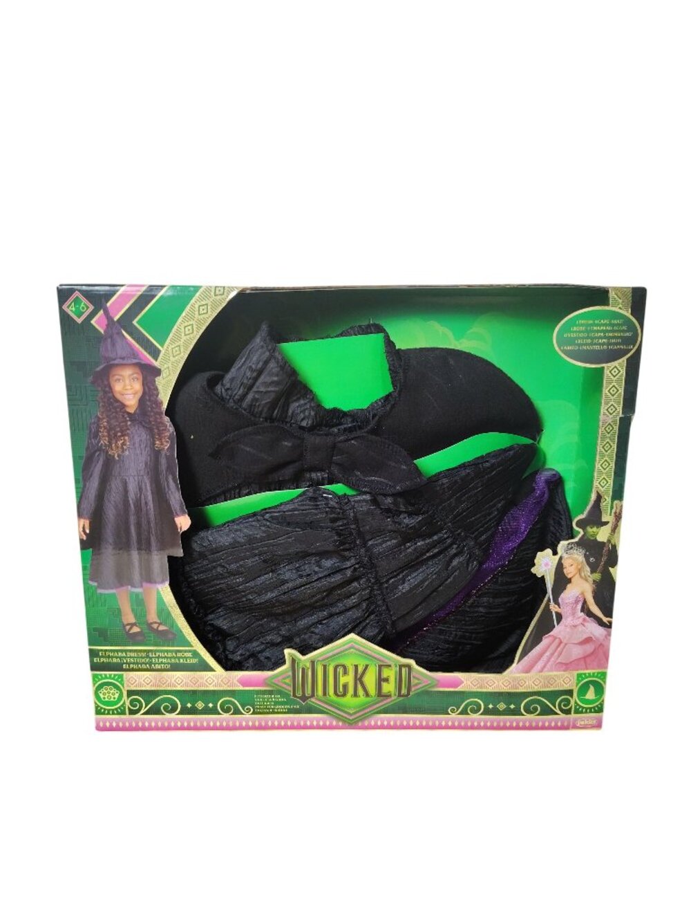 Wicked Kids Size XS (4 to 6) Elphaba Costume Set With Dress Cape and Hat